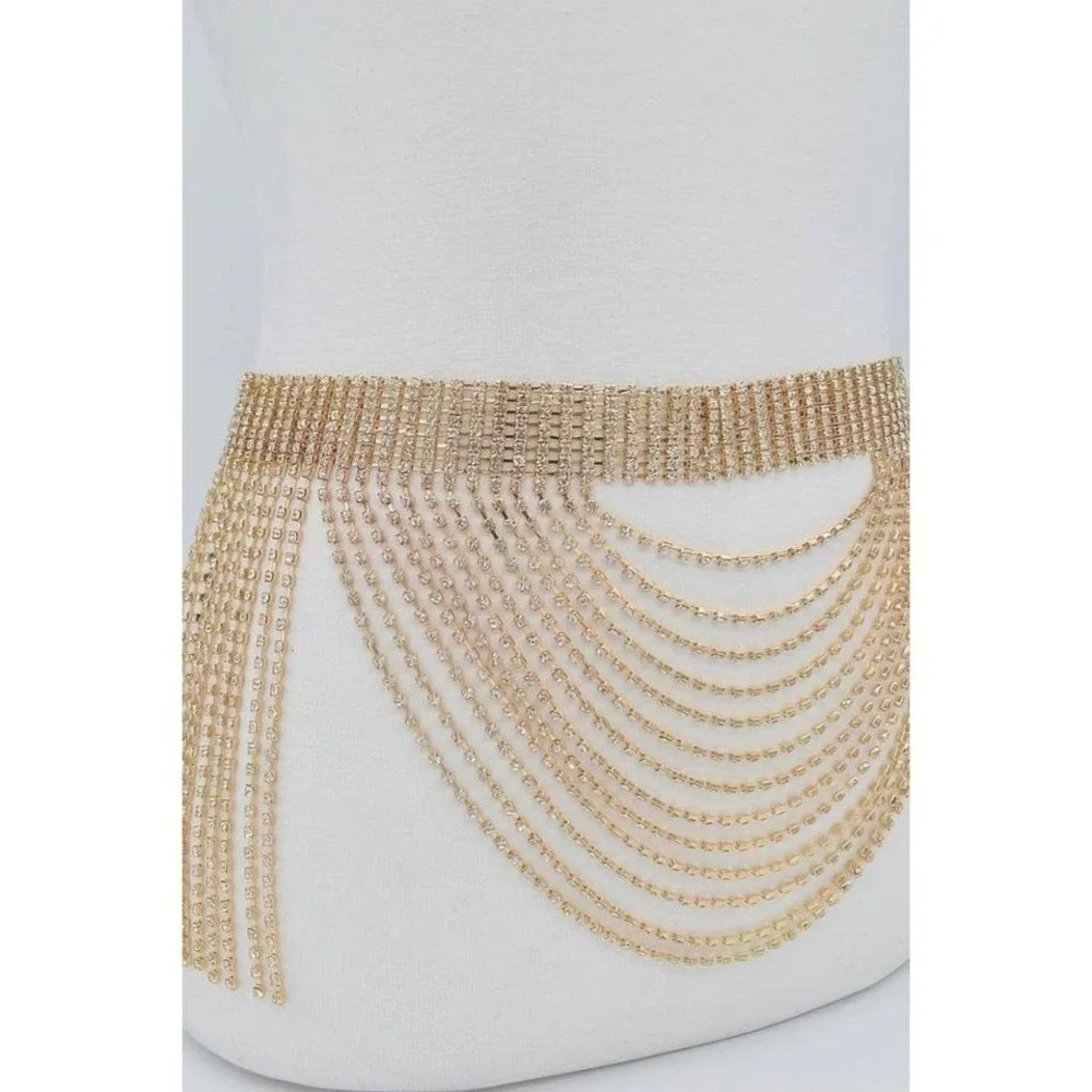 Gold‎ Rhinestone Tassel Body Chain Belt For Women Festival Party Accent
